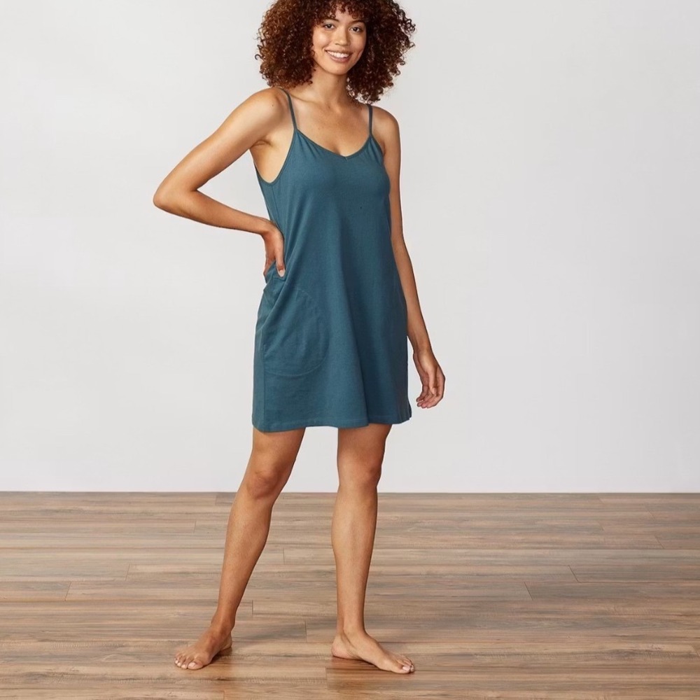 Coyuchi Organic Cotton Solstice Dress Teal Blue Green Pockets Womens M EMP5981